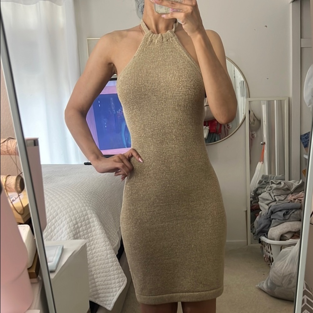Elegant Tan Halter Dress